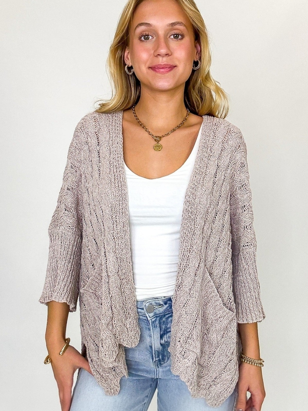 POL Relaxed Open-Front Chunky Cable Knit Cardigan Size Medium NIP